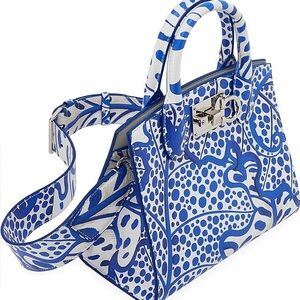 New Ferragamo Mini Studio Box Bag blue and white foliage print